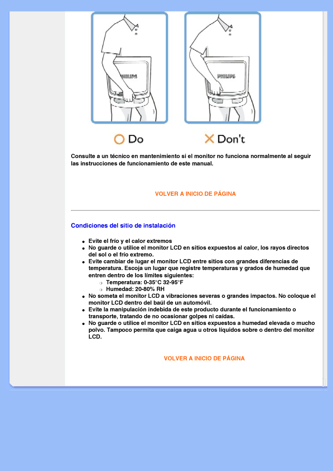 Philips 220AW8 user manual Condiciones del sitio de instalación 