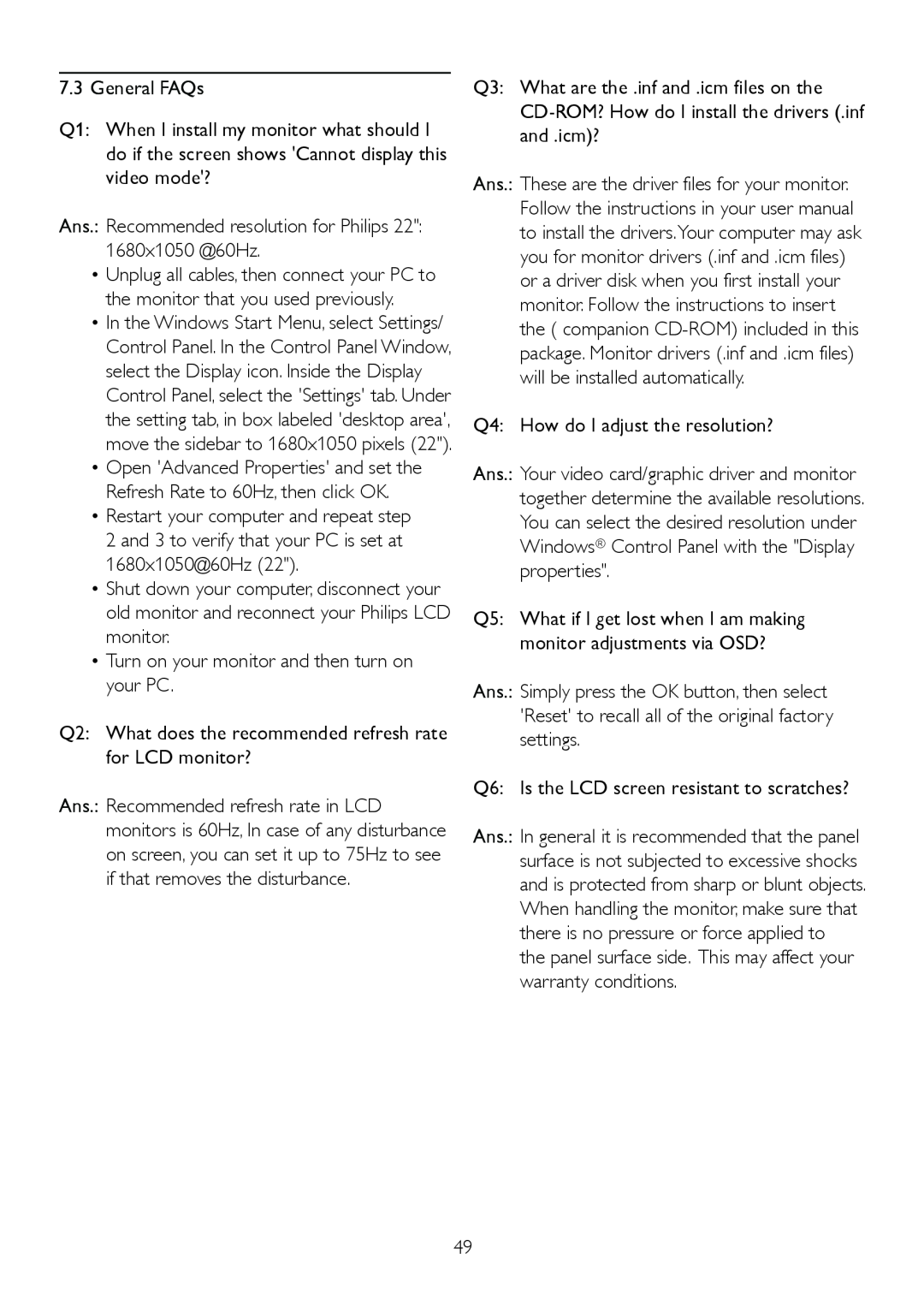 Philips 220B2CS/00, 220BL2 user manual General FAQs 