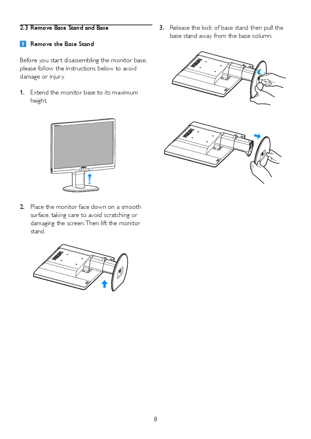 Philips 220B2CS/00, 220BL2 user manual Remove Base Stand and Base, Remove the Base Stand 