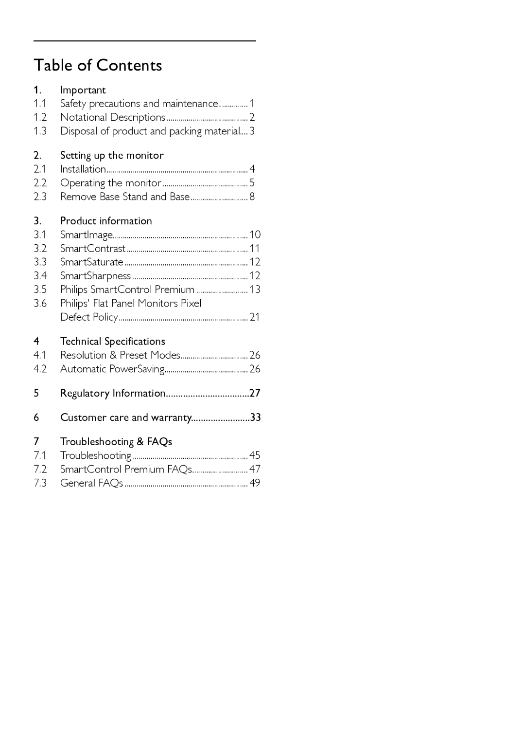 Philips 220BL2, 220B2CS/00 user manual Table of Contents 