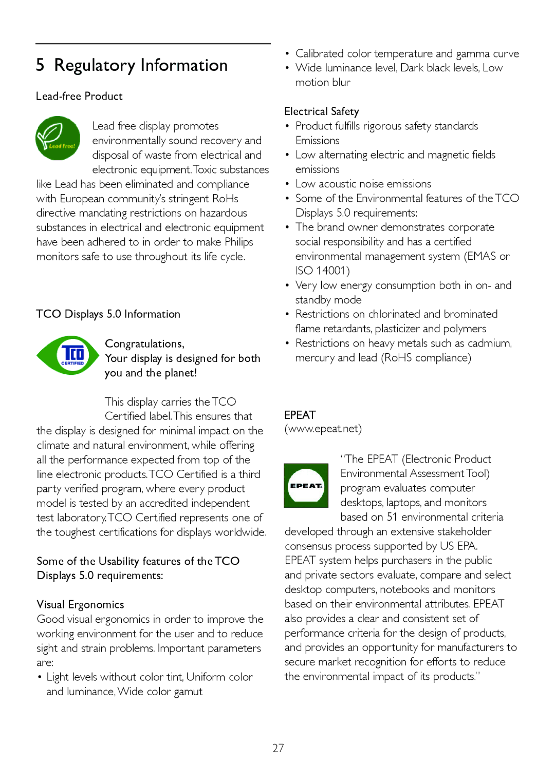 Philips 220BL2, 220B2CS/00 user manual Lead-free Product, Epeat Electronic Product 