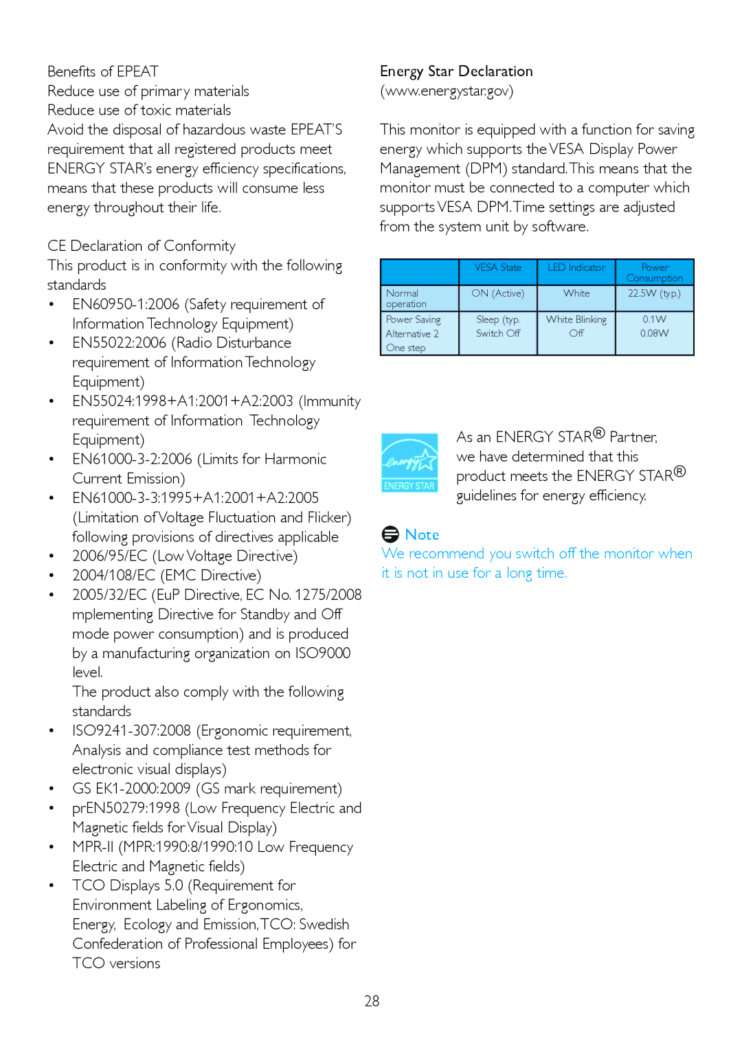 Philips 220B2CS/00, 220BL2 user manual Benefits of Epeat, 2006/95/EC Low Voltage Directive 2004/108/EC EMC Directive 