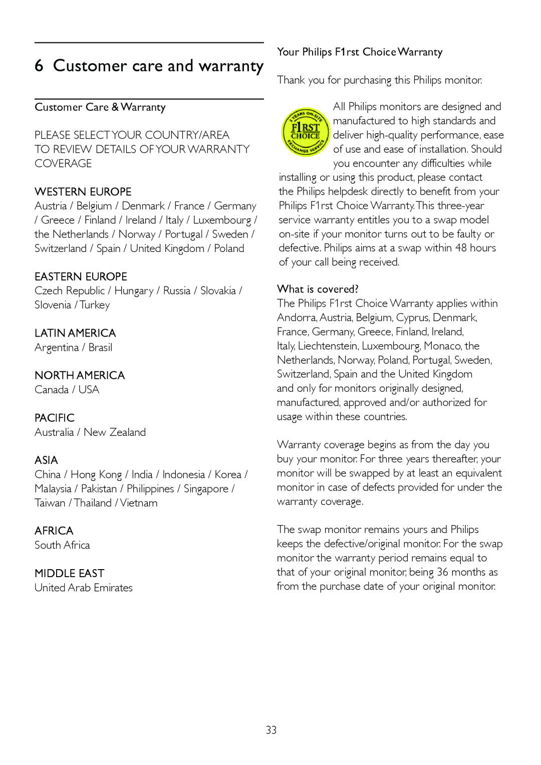 Philips 220BL2, 220B2CS/00 user manual Eastern Europe, Latin America, North America, Pacific, Asia, Africa, Middle East 