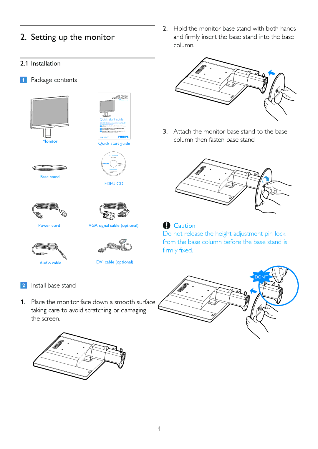 Philips 220B2CS/00, 220BL2 user manual Setting up the monitor, Installation Package contents 