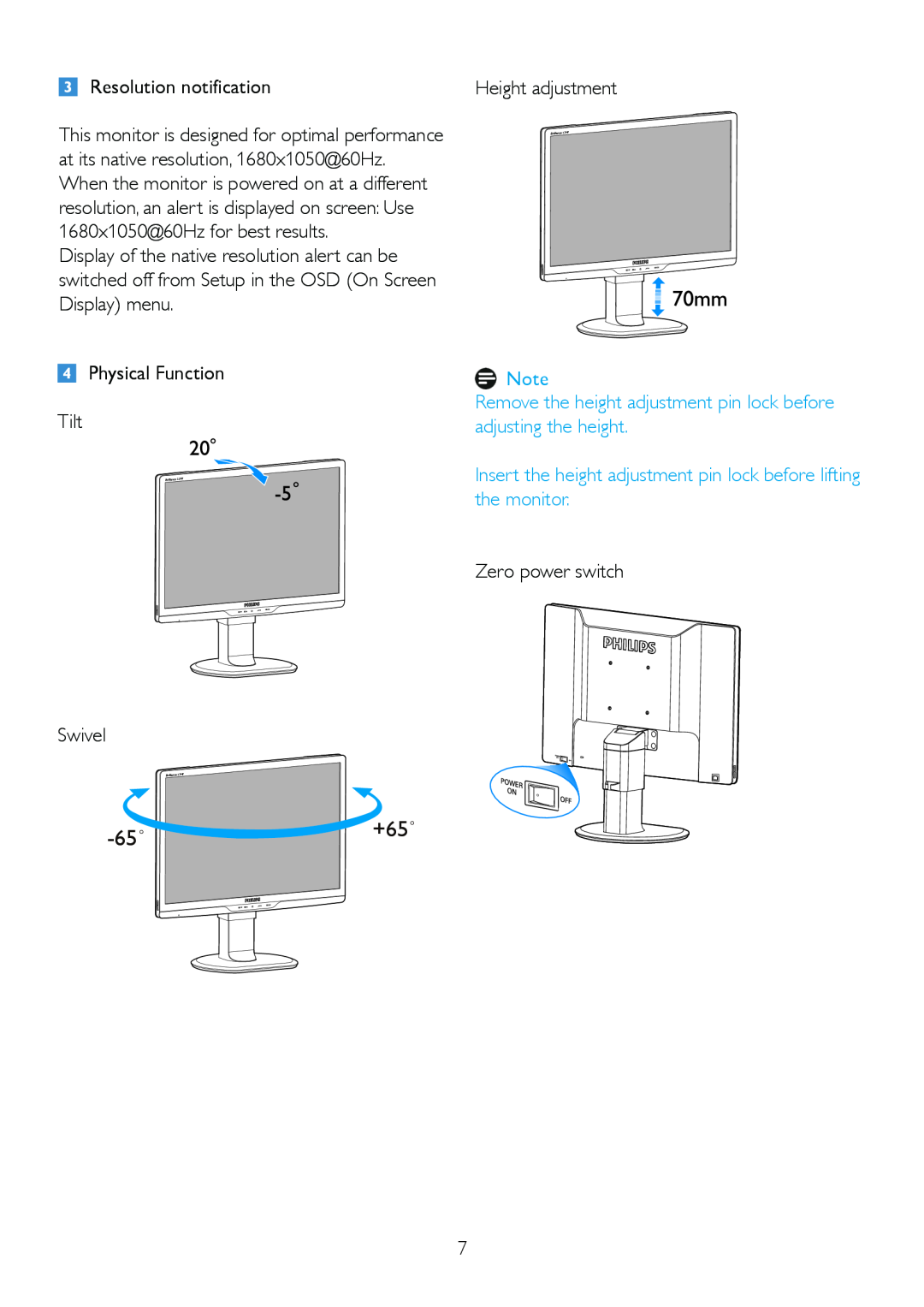 Philips 220BL2 Remove the height adjustment pin lock before adjusting the height, 65˚+65˚, Resolution notification, Swivel 