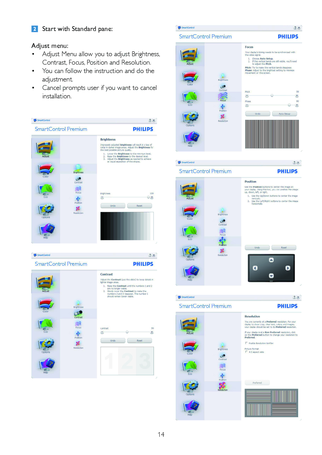 Philips 220B2, 220BL2 user manual Start with Standard pane Adjust menu 