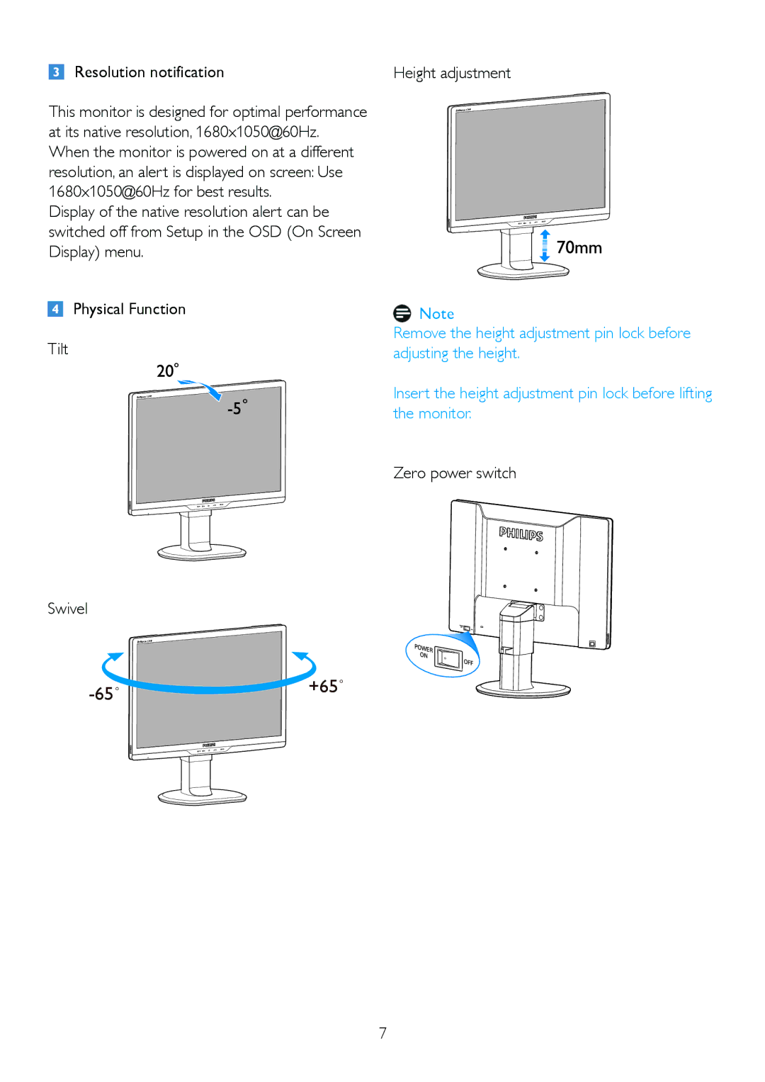 Philips 220BL2, 220B2 user manual Resolution notification, Physical Function Tilt, Zero power switch Swivel 