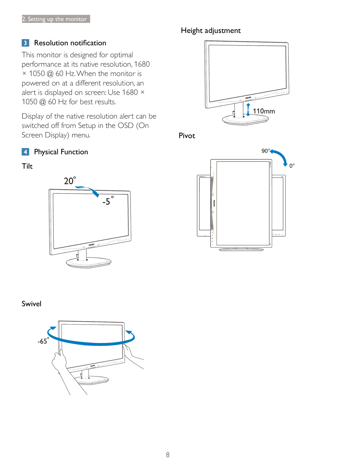 Philips 220B4LPCB/27 user manual Height adjustment 