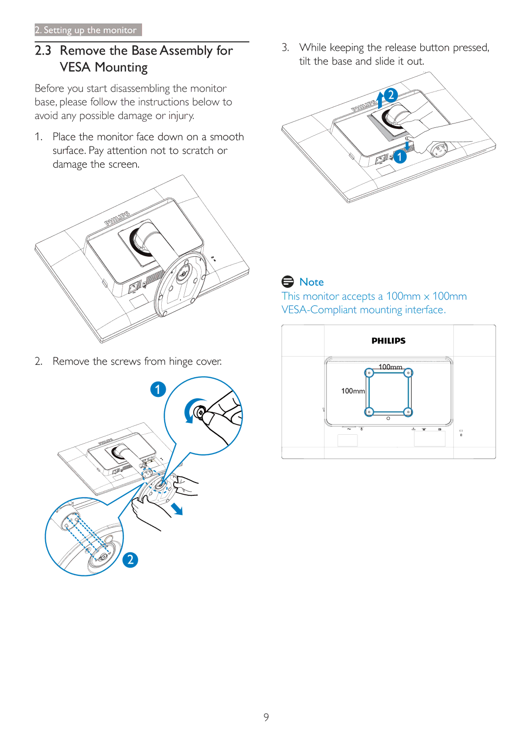 Philips 220B4LPCB/27 user manual Remove the Base Assembly for Vesa Mounting 