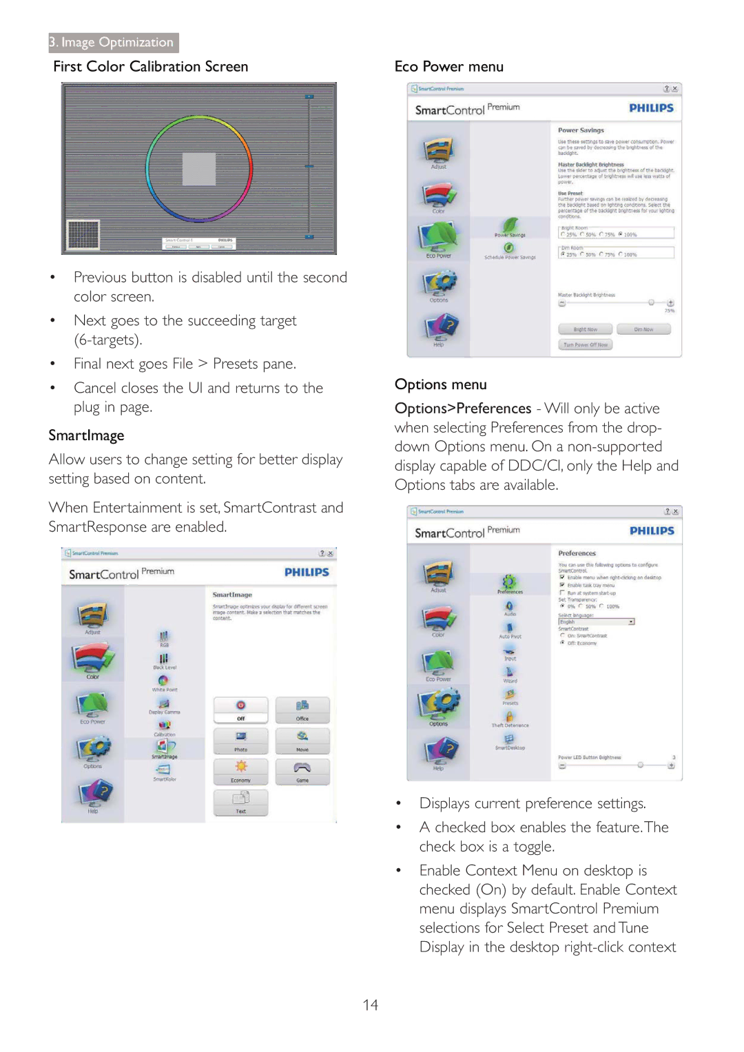 Philips 220B4LPCB/27 user manual First Color Calibration Screen, SmartImage, Eco Power menu Options menu 