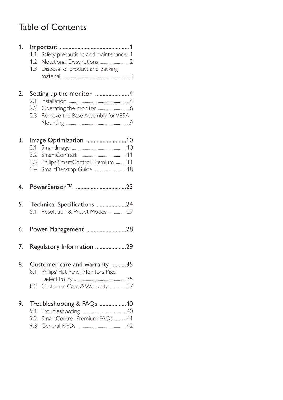 Philips 220B4LPCB/27 user manual Table of Contents 