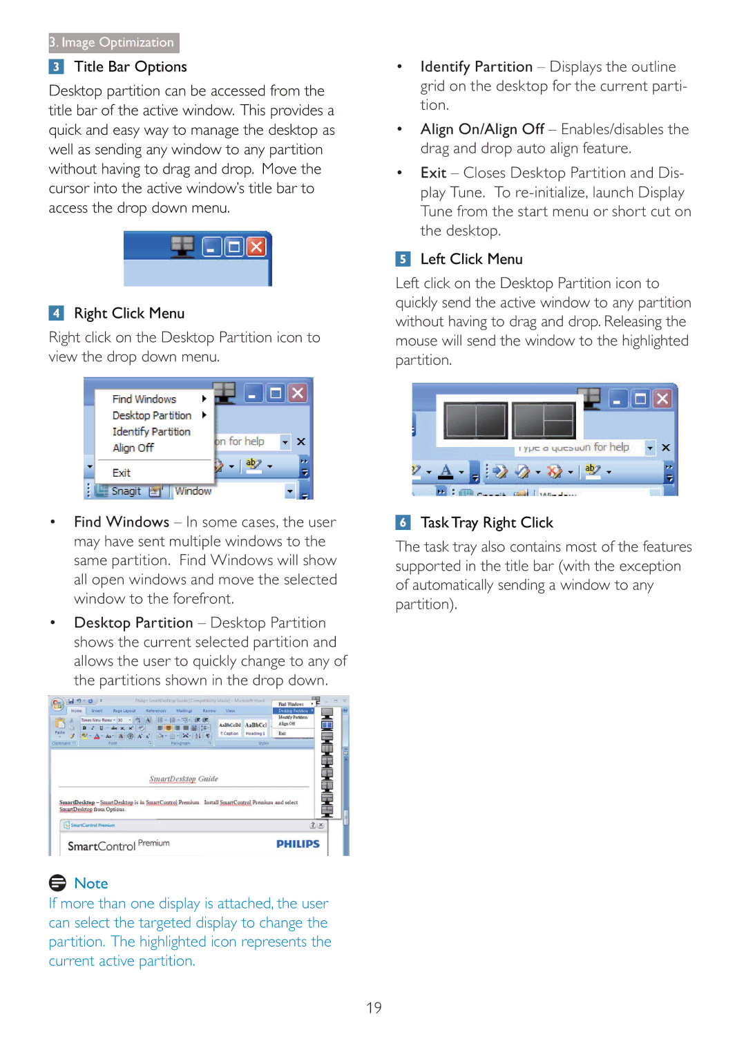 Philips 220B4LPCB/27 user manual Title Bar Options, Right Click Menu, Left Click Menu, Task Tray Right Click 