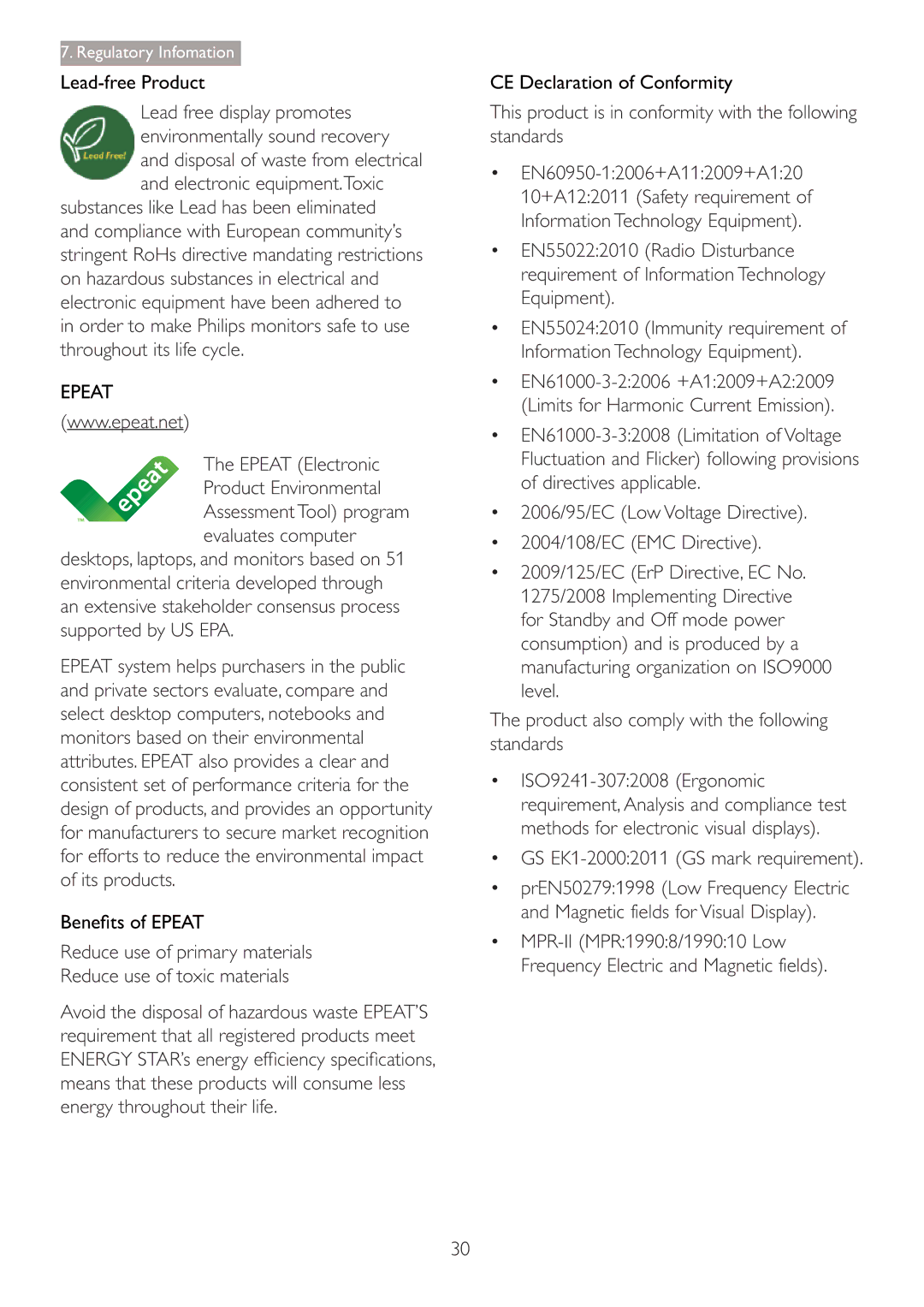 Philips 220B4LPCB/27 user manual Lead-free Product, Epeat Electronic Product Environmental, CE Declaration of Conformity 