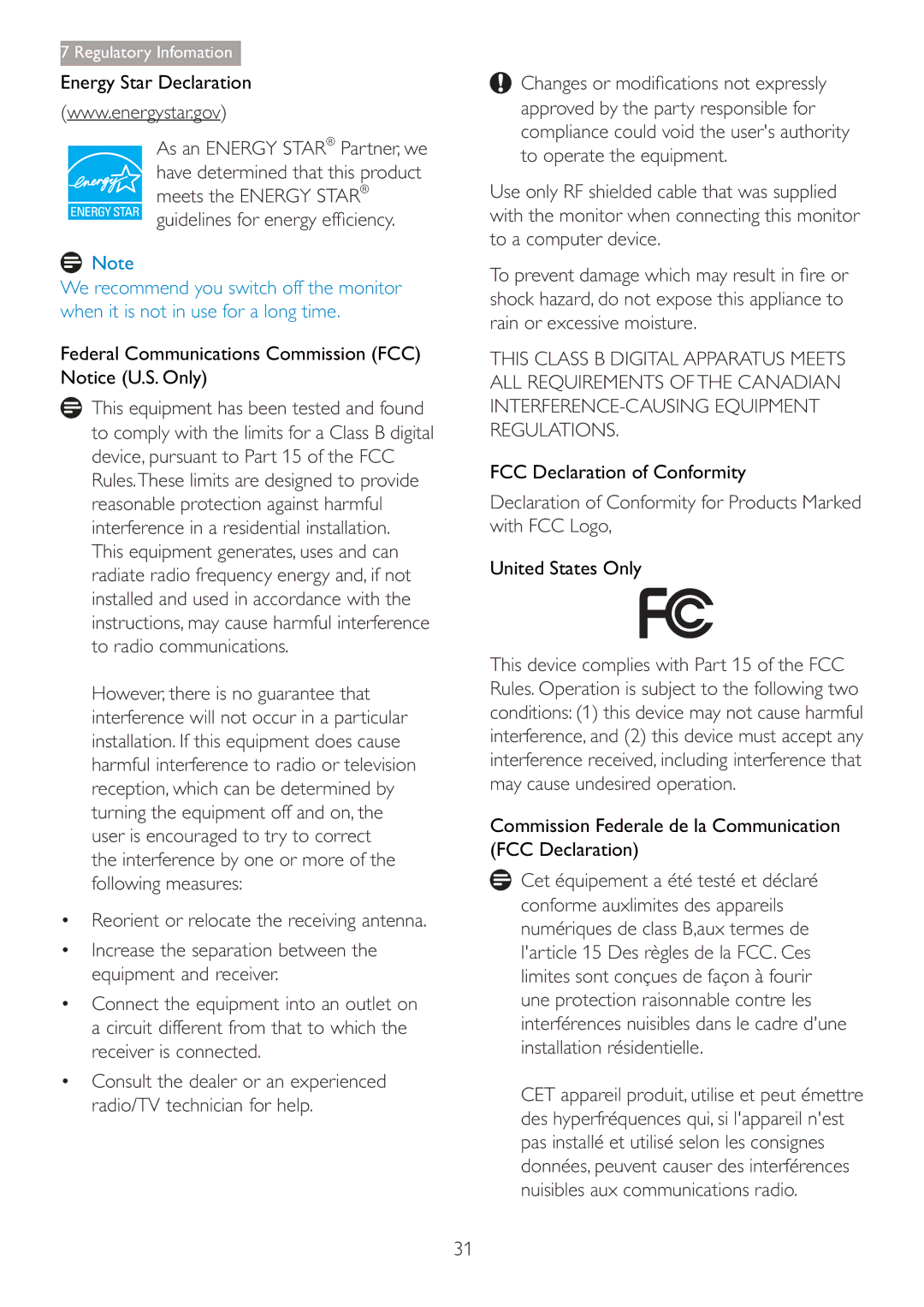 Philips 220B4LPCB/27 user manual Declaration of Conformity for Products Marked with FCC Logo 