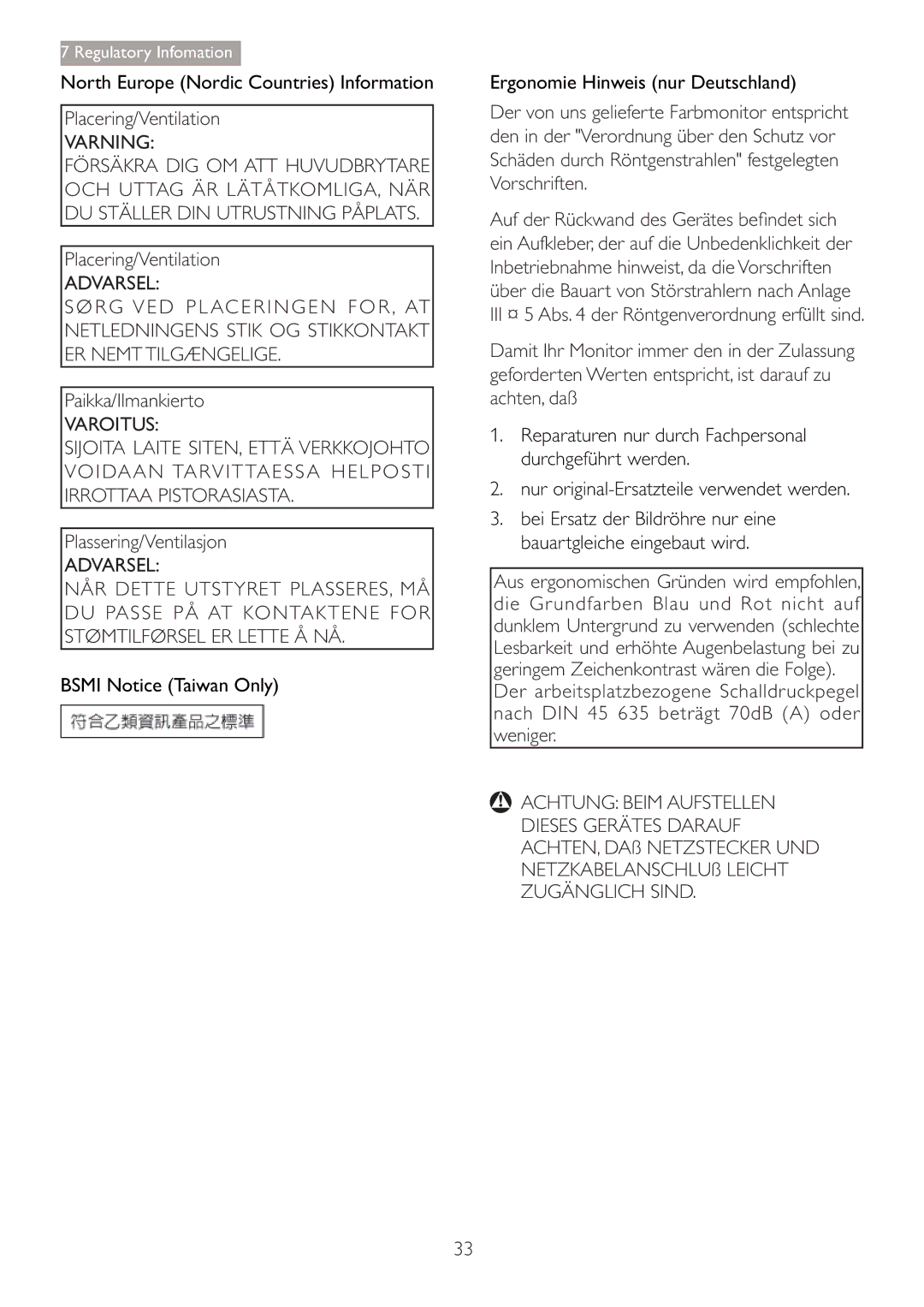 Philips 220B4LPCB/27 user manual Placering/Ventilation, Paikka/Ilmankierto, Plassering/Ventilasjon 