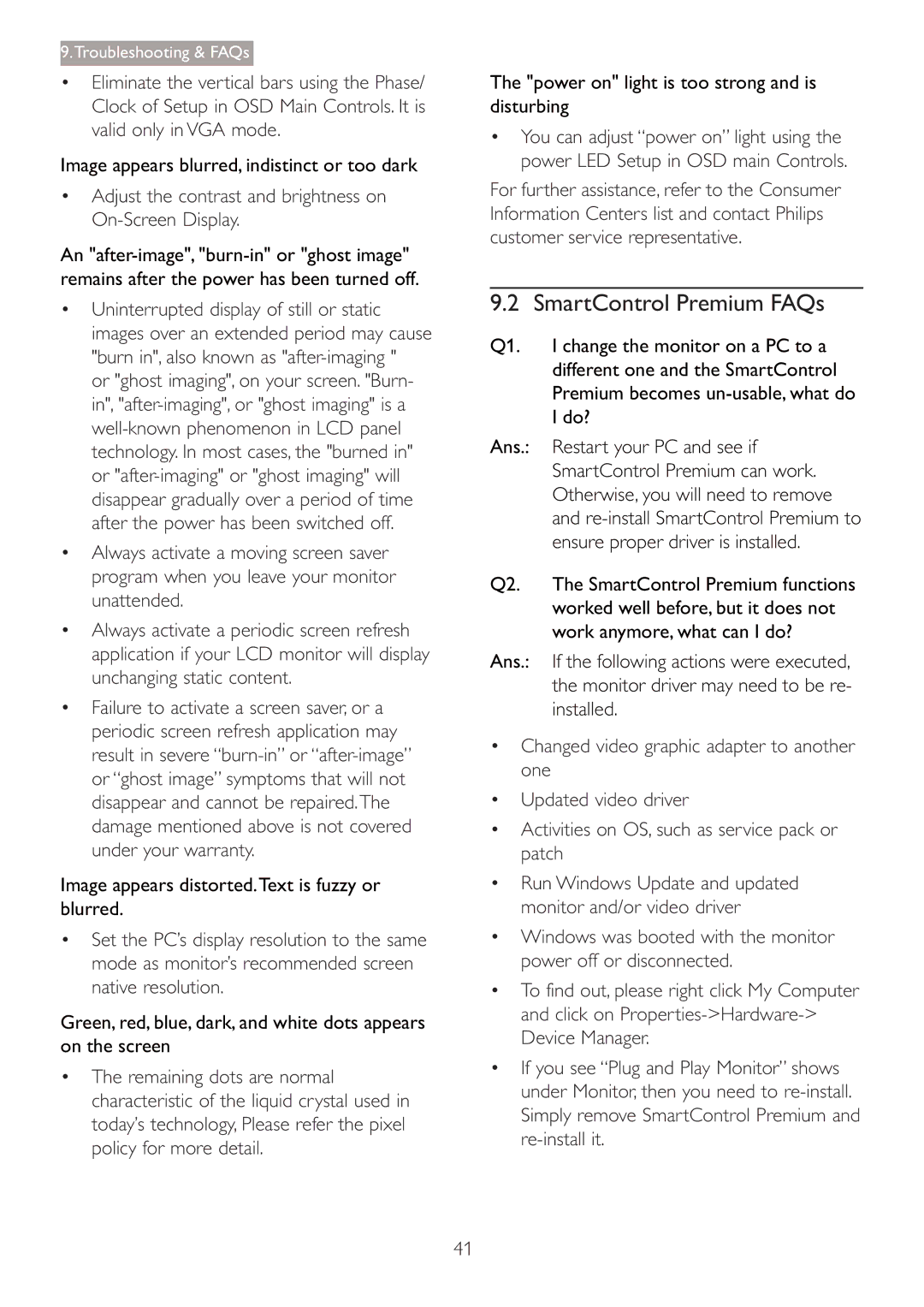 Philips 220B4LPCB/27 user manual SmartControl Premium FAQs, Image appears blurred, indistinct or too dark 