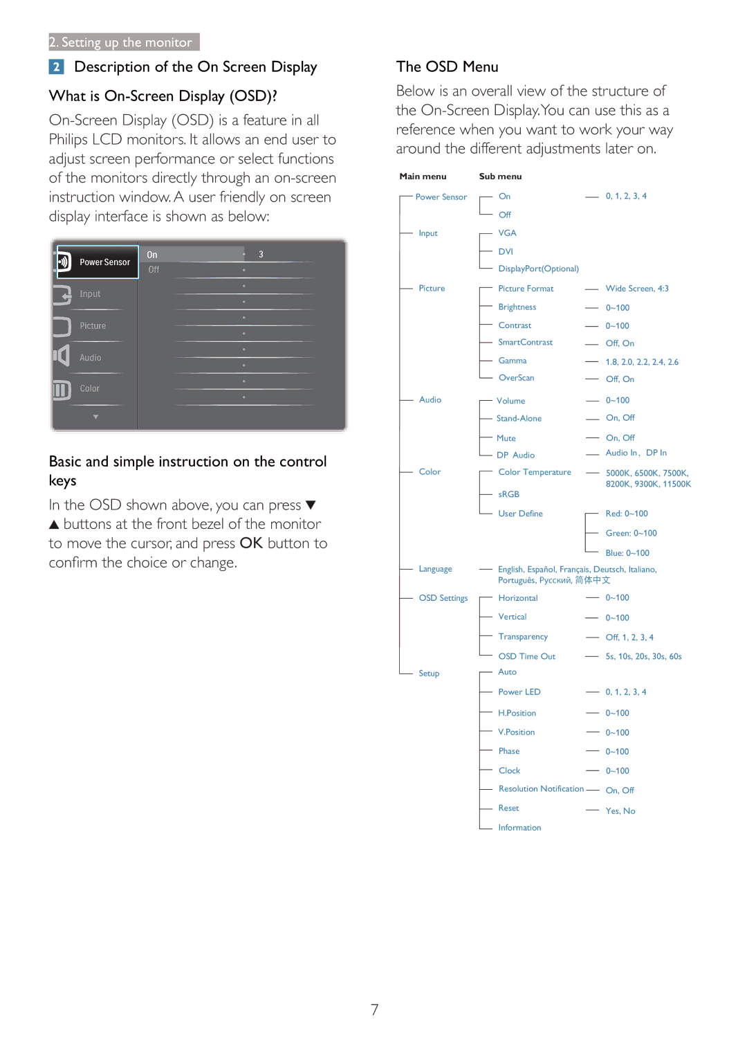 Philips 220B4LPCB/27 user manual OSD Menu, Basic and simple instruction on the control keys 