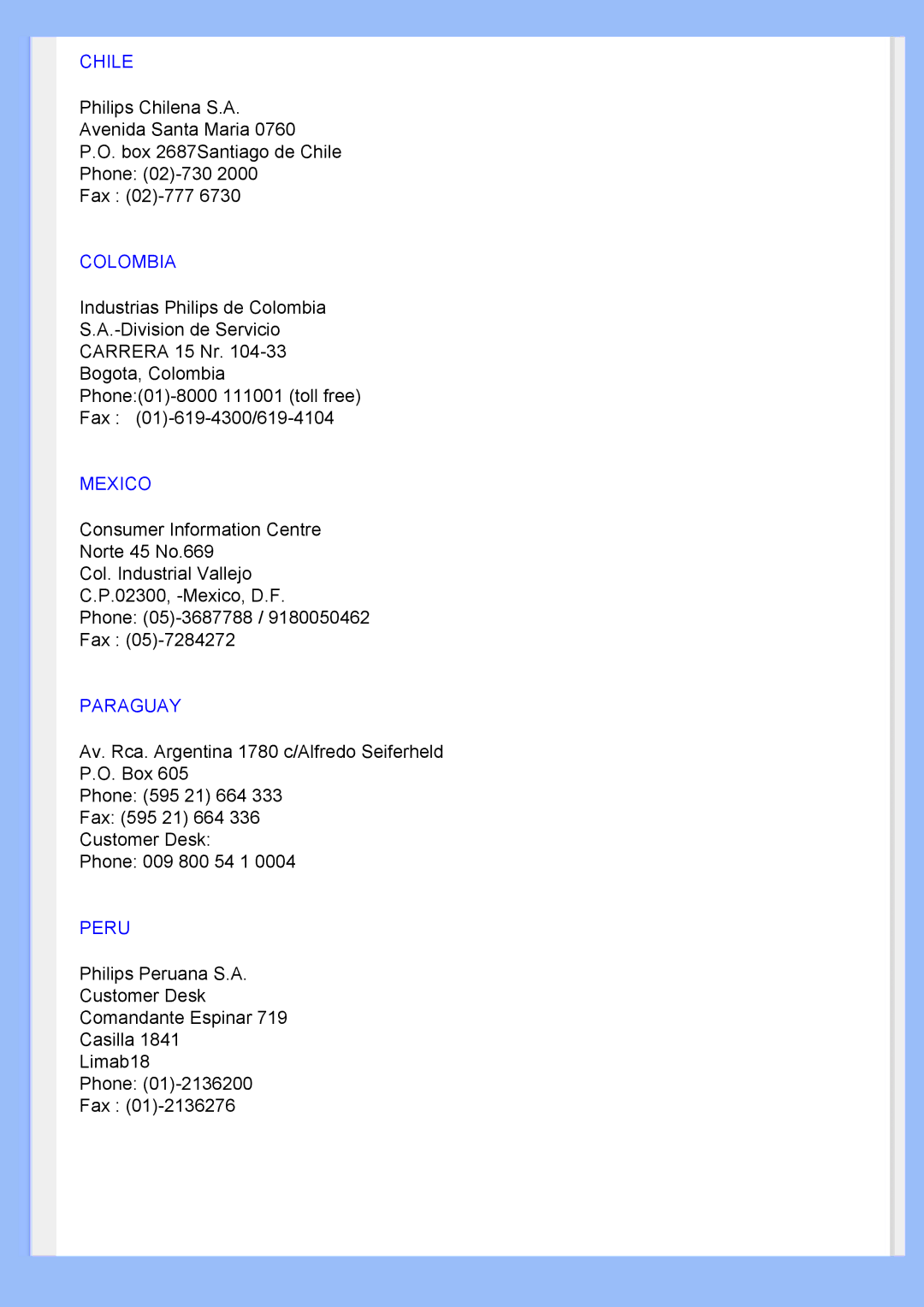 Philips 220BW user manual Chile 