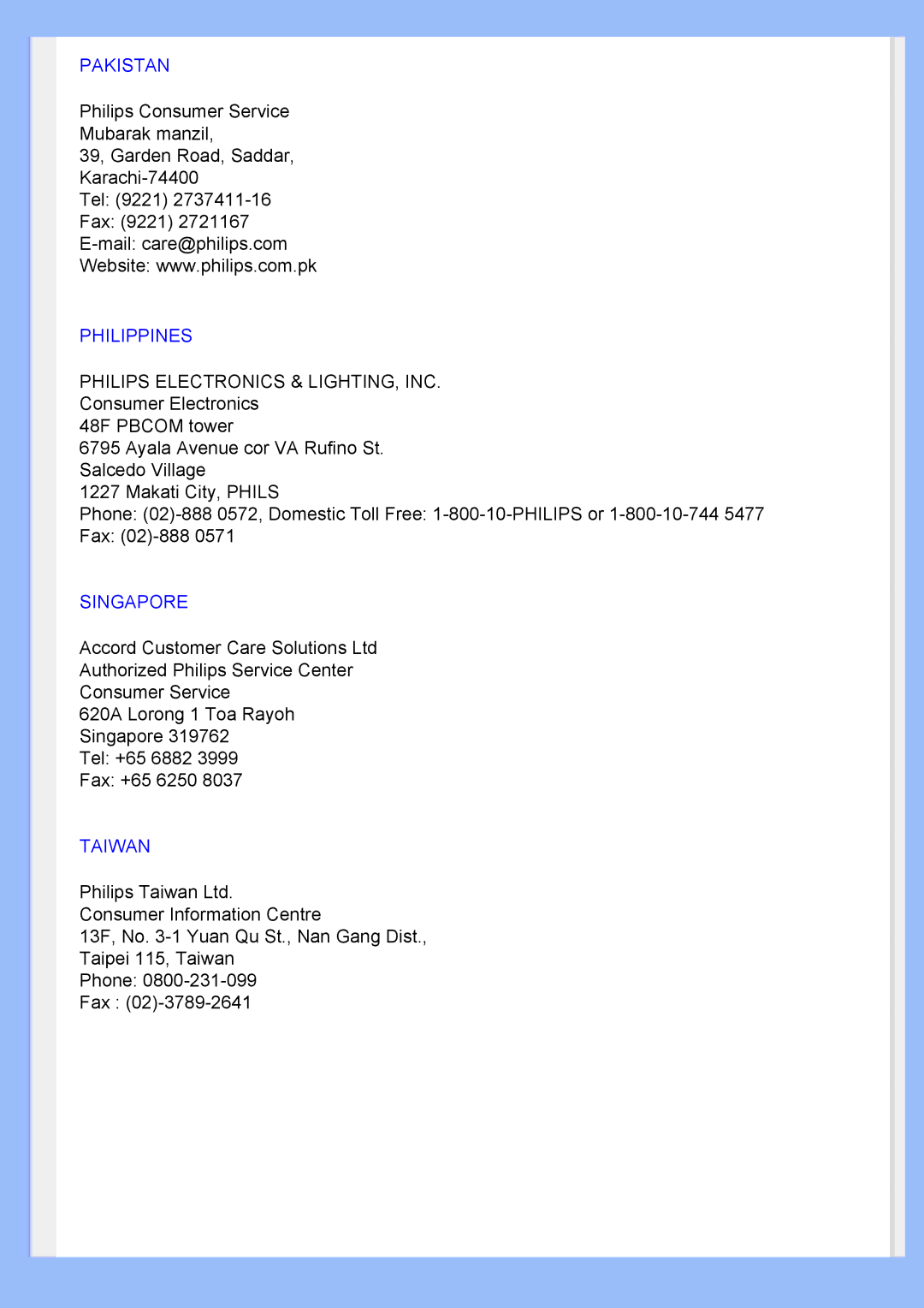 Philips 220BW user manual Pakistan 