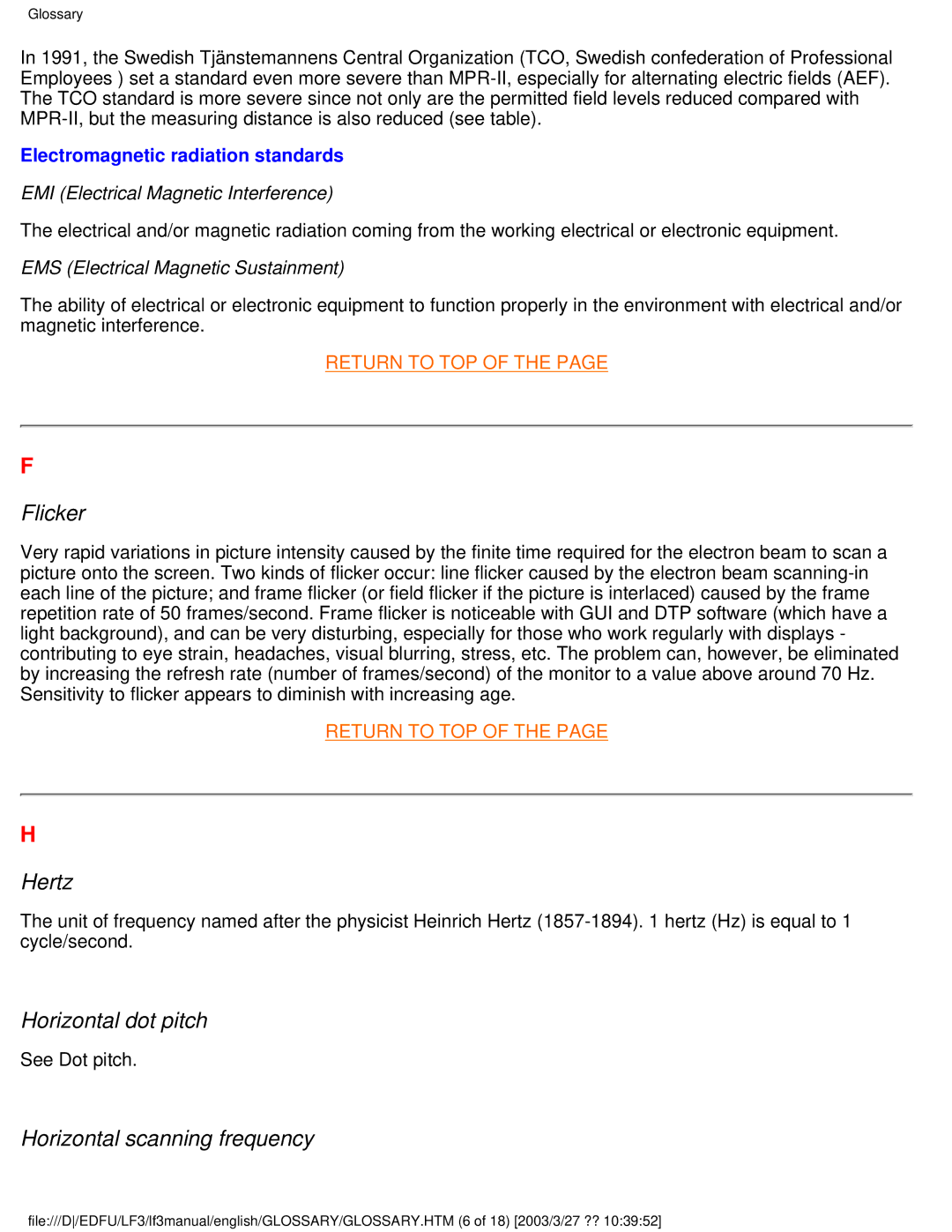 Philips 220BW8 user manual Flicker, Hertz, Horizontal dot pitch, Horizontal scanning frequency 