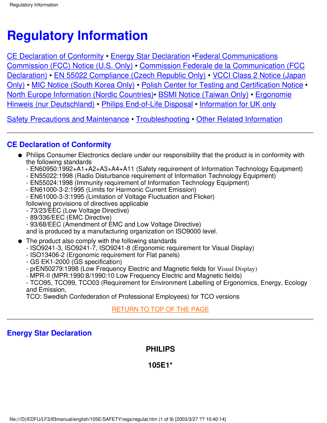 Philips 220BW8 user manual Regulatory Information, CE Declaration of Conformity, Energy Star Declaration, 105E1 