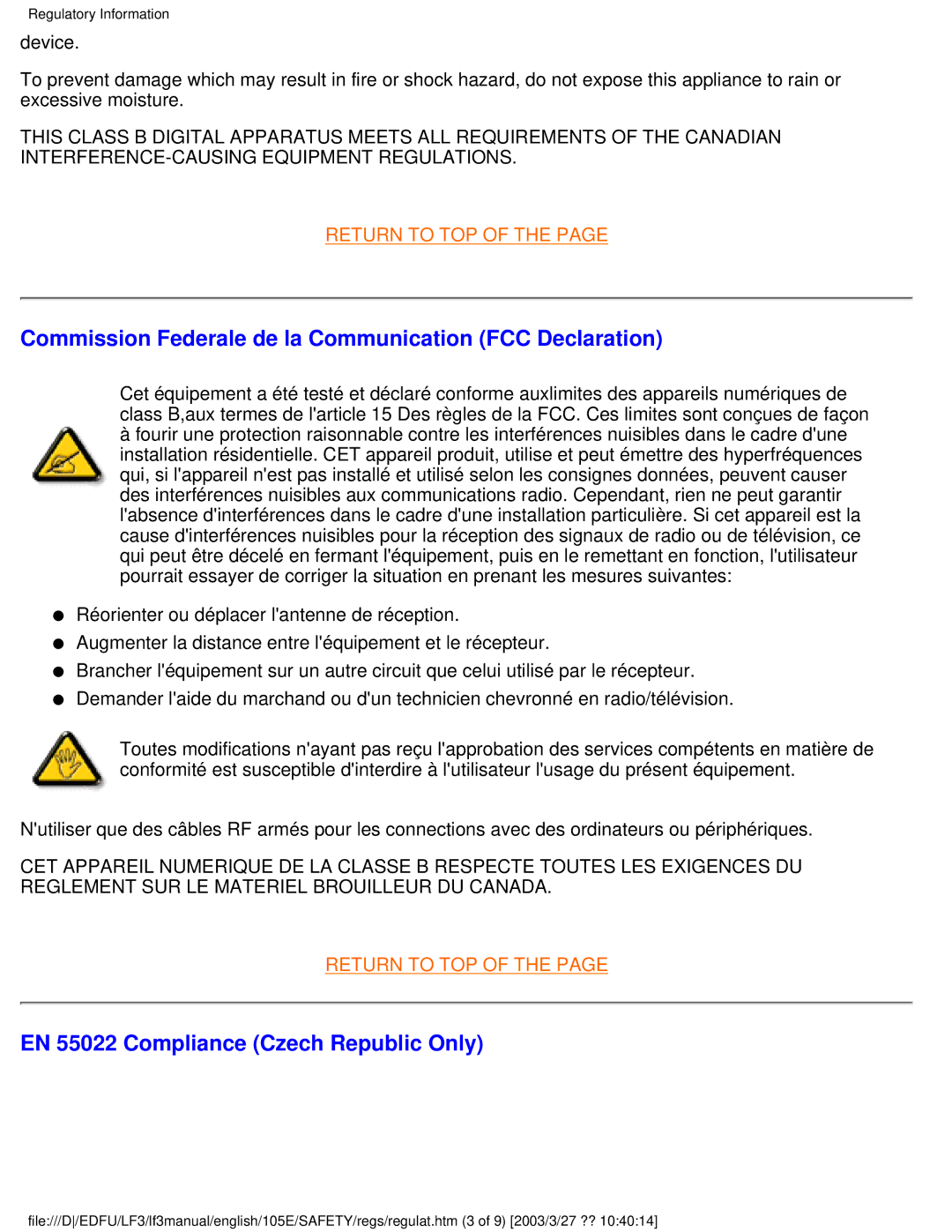 Philips 220BW8 user manual Commission Federale de la Communication FCC Declaration, EN 55022 Compliance Czech Republic Only 