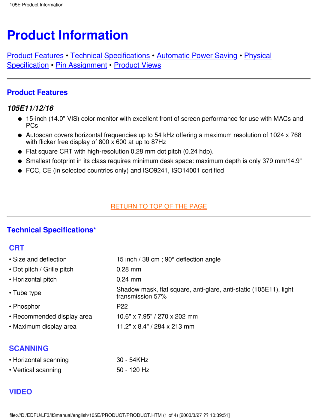 Philips 220BW8 user manual Product Information, Product Features, Technical Specifications 