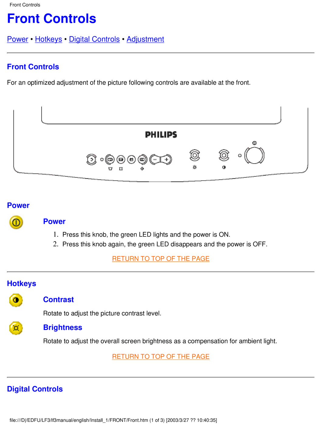 Philips 220BW8 user manual Front Controls 