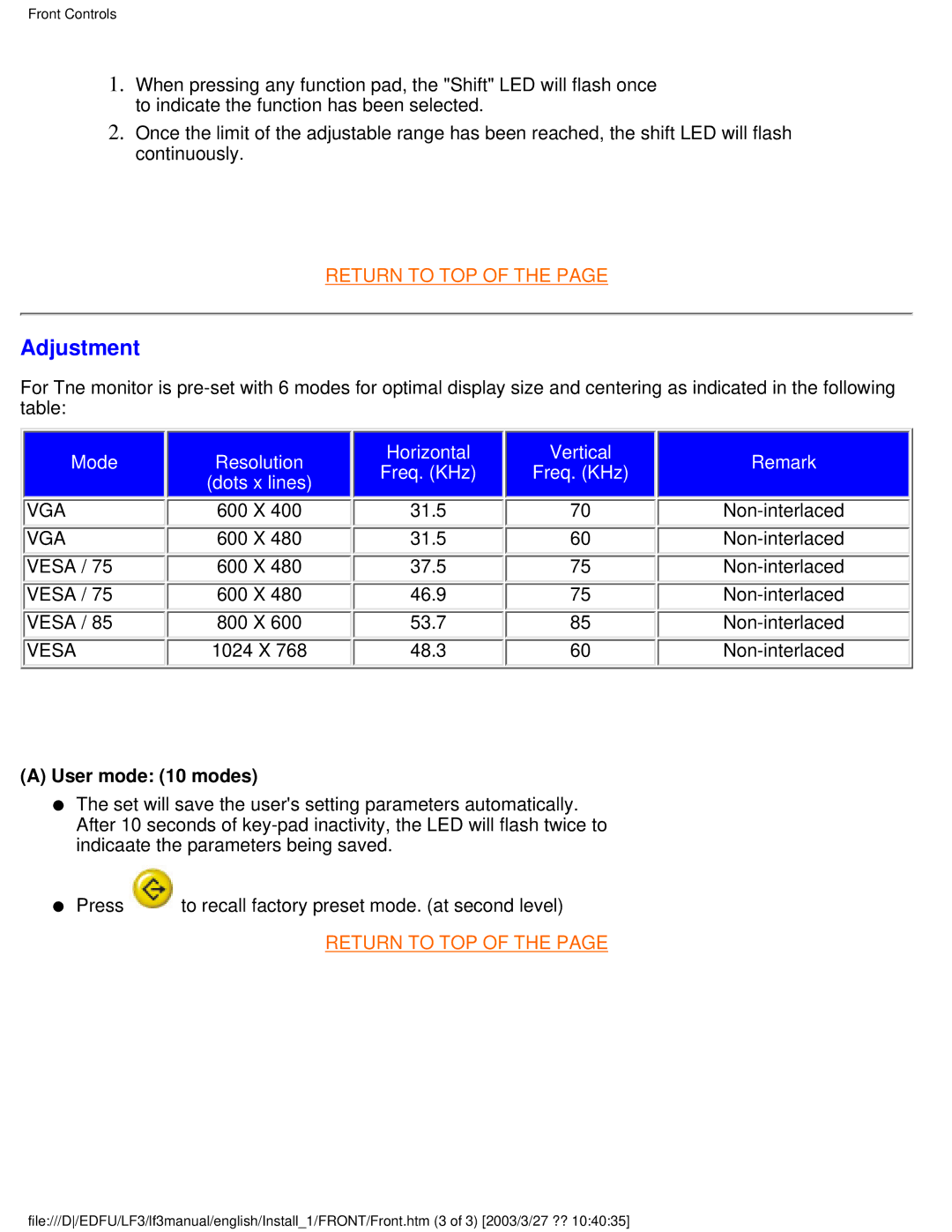 Philips 220BW8 user manual Adjustment, User mode 10 modes 