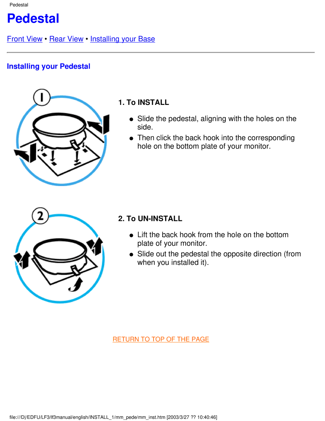 Philips 220BW8 user manual Installing your Pedestal, To Install, To UN-INSTALL 