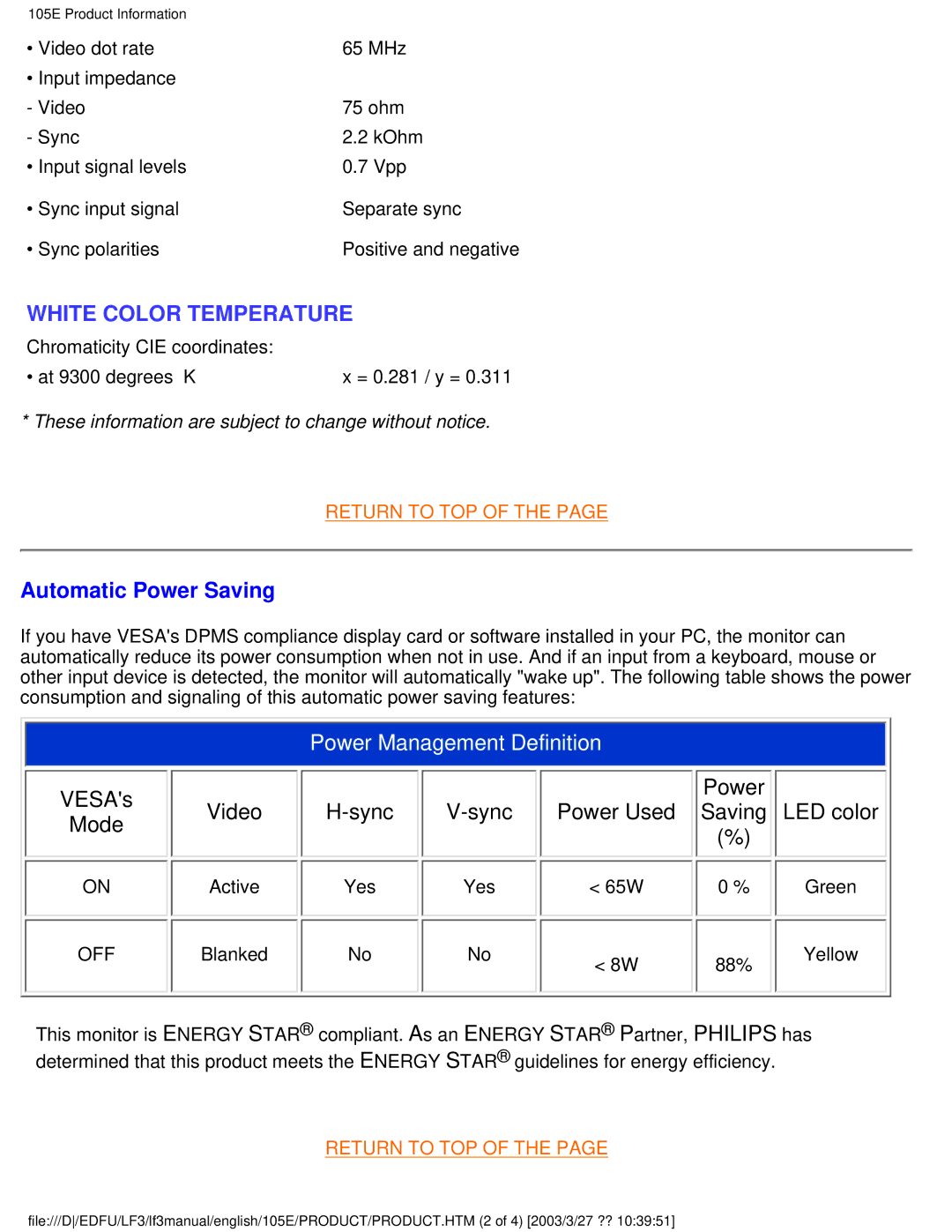 Philips 220BW8 user manual White Color Temperature, Automatic Power Saving 