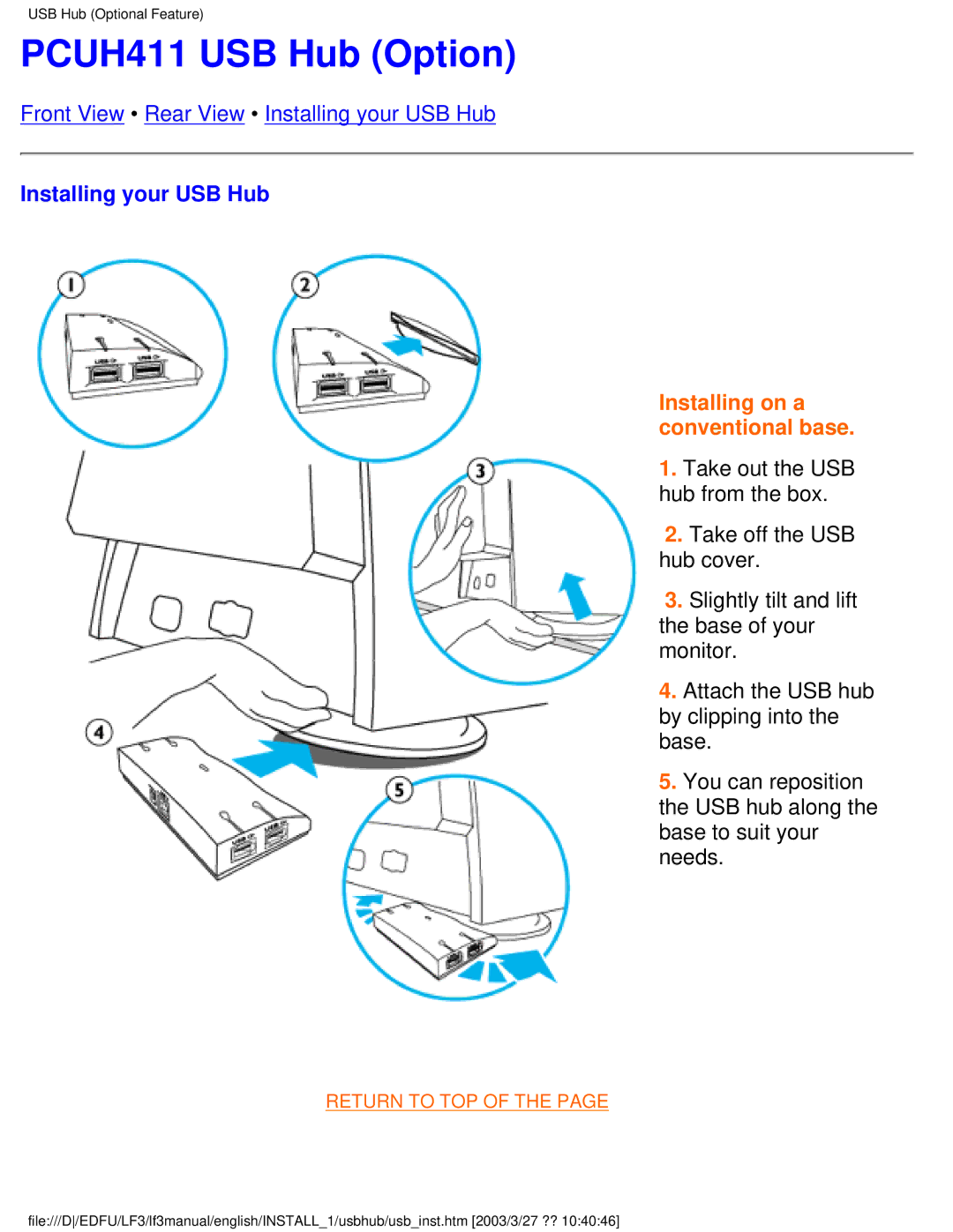 Philips 220BW8 user manual PCUH411 USB Hub Option, Installing your USB Hub 