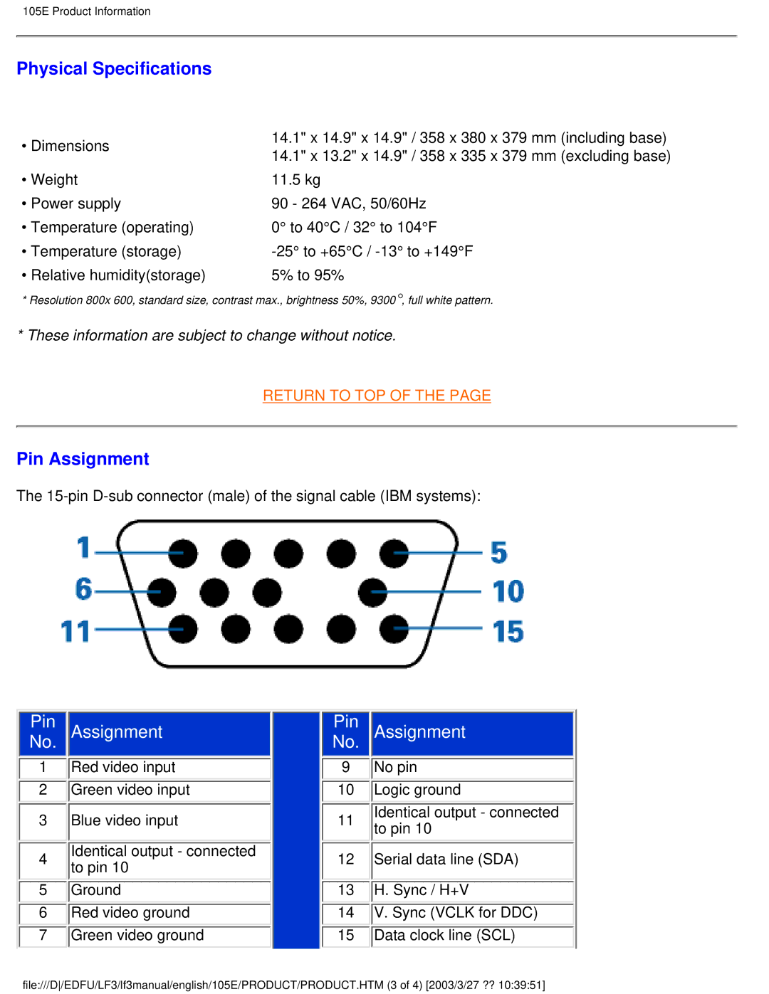 Philips 220BW8 user manual Physical Specifications, Pin Assignment 