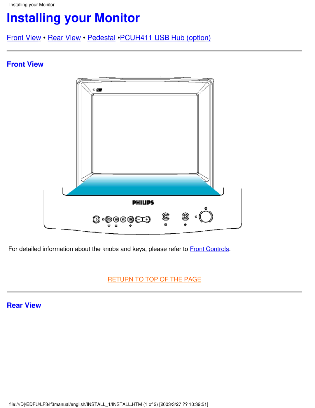 Philips 220BW8 user manual Installing your Monitor, Front View, Rear View 