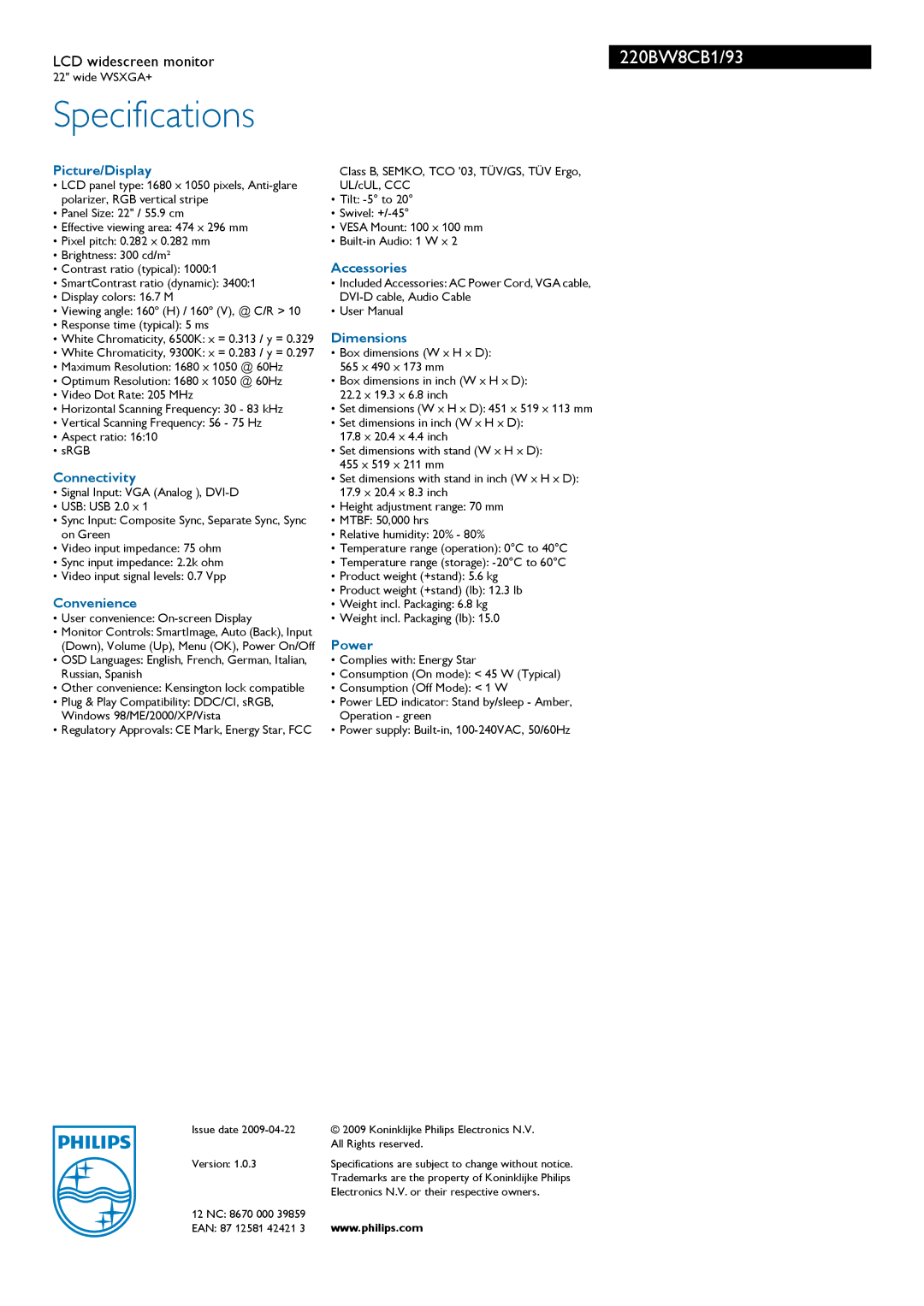 Philips 220BW8CB1/93 manual Specifications 