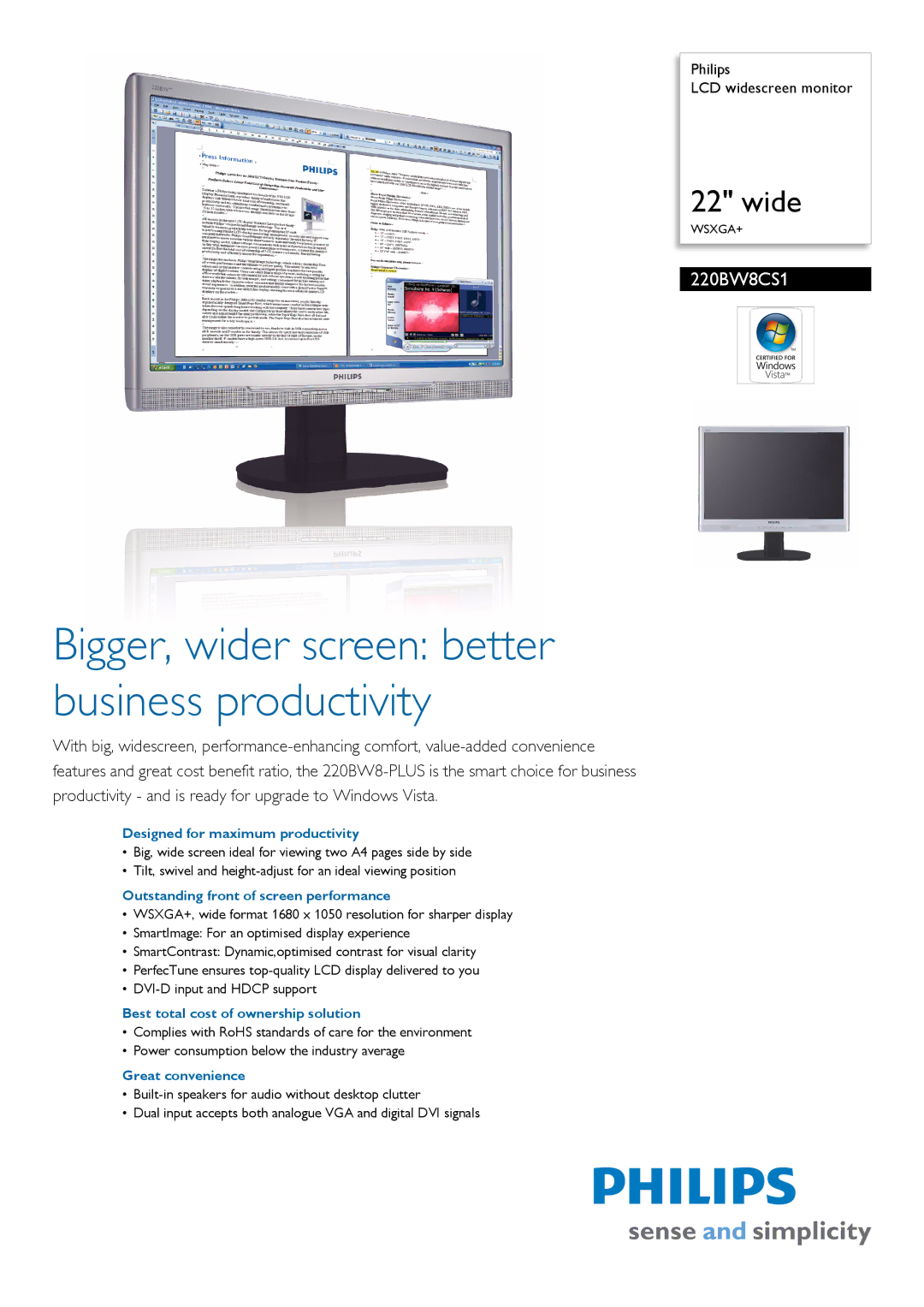 Philips 220BW8CS1/05 manual Designed for maximum productivity, Outstanding front of screen performance, Great convenience 