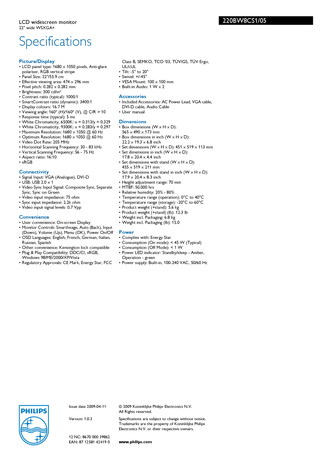 Philips 220BW8CS1/05 manual Picture/Display, Connectivity, Convenience, Accessories, Dimensions, Power 