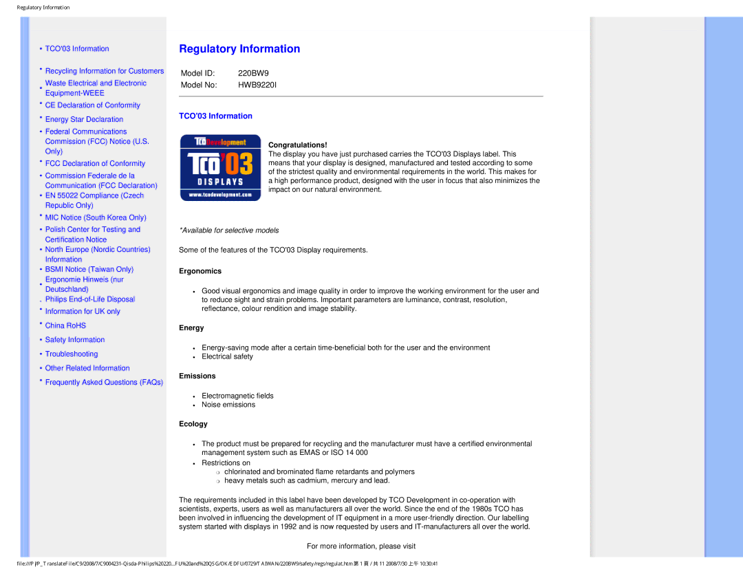 Philips 220BW9 user manual Regulatory Information, TCO03 Information 