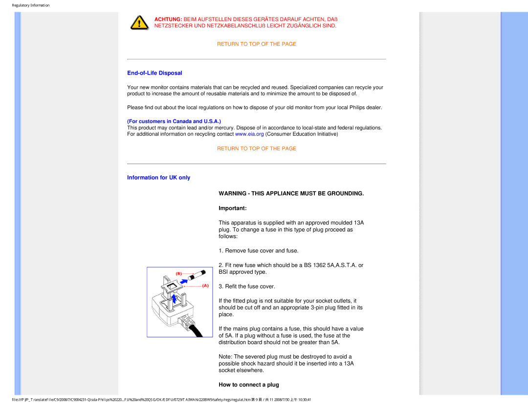 Philips 220BW9 user manual End-of-Life Disposal, Information for UK only 