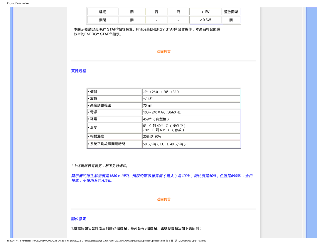 Philips 220BW9 user manual 實體規格 