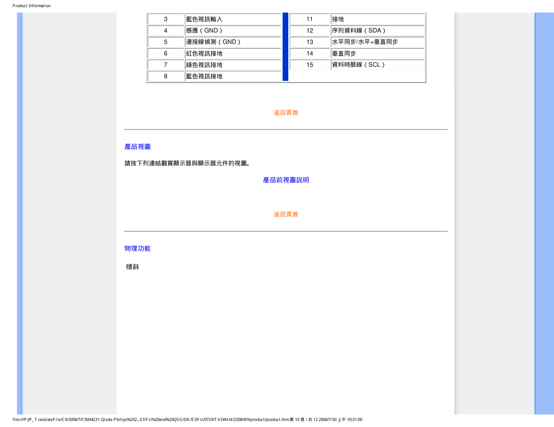 Philips 220BW9 user manual 產品視圖 