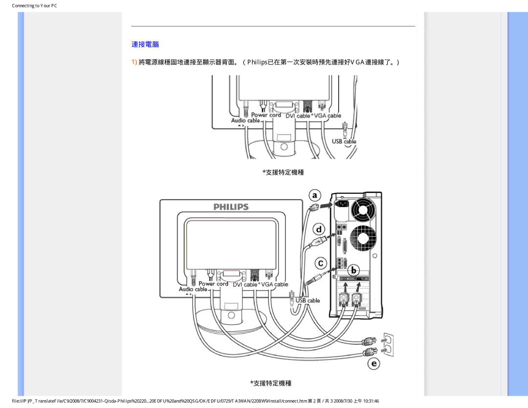 Philips 220BW9 user manual 將電源線穩固地連接至顯示器背面。（Philips已在第一次安裝時預先連接好VGA連接線了。 支援特定機種 