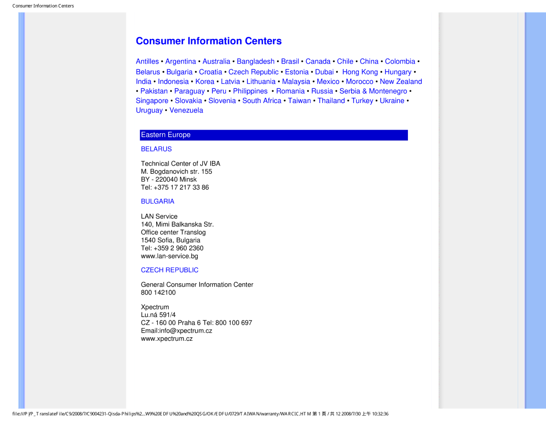 Philips 220BW9 user manual Belarus, Bulgaria, Czech Republic 