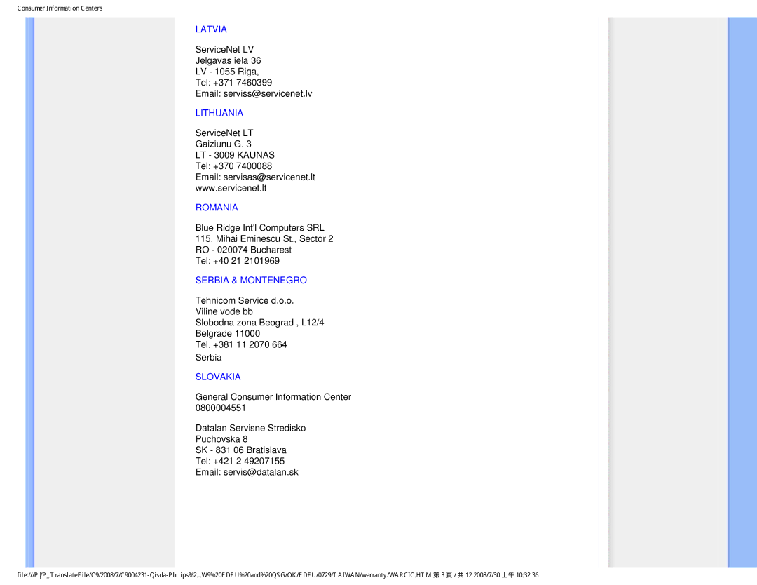 Philips 220BW9 user manual Latvia, Lithuania, Romania, Serbia & Montenegro, Slovakia 