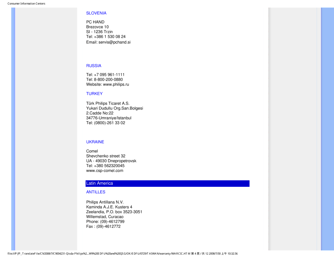 Philips 220BW9 user manual Slovenia, Russia, Turkey, Ukraine, Antilles 