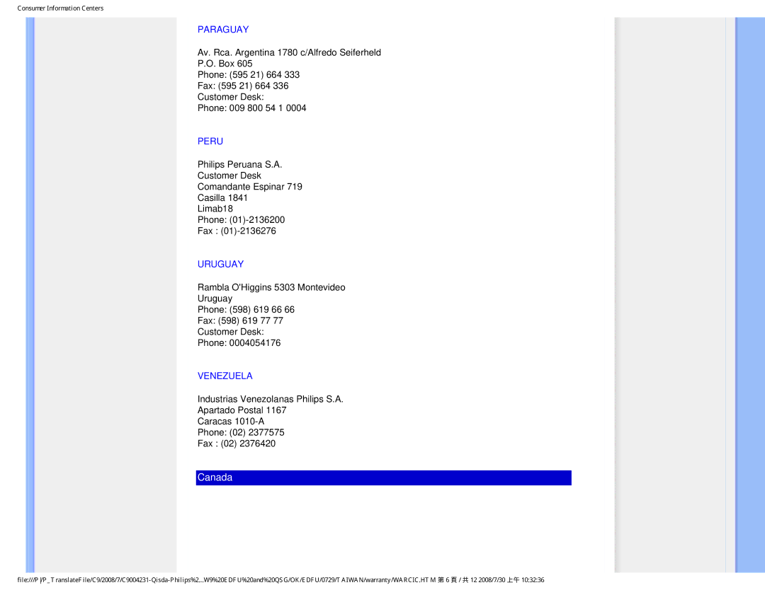 Philips 220BW9 user manual Paraguay, Peru, Uruguay, Venezuela 