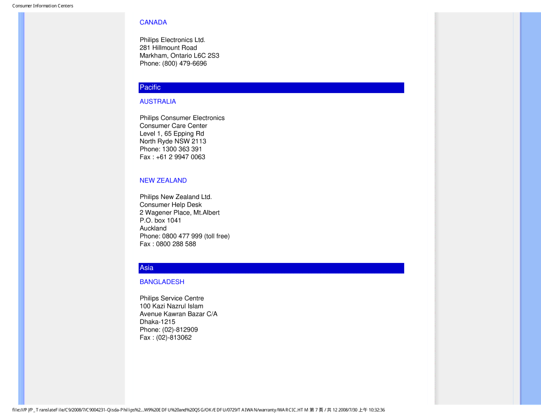 Philips 220BW9 user manual Canada, Australia, NEW Zealand, Bangladesh 