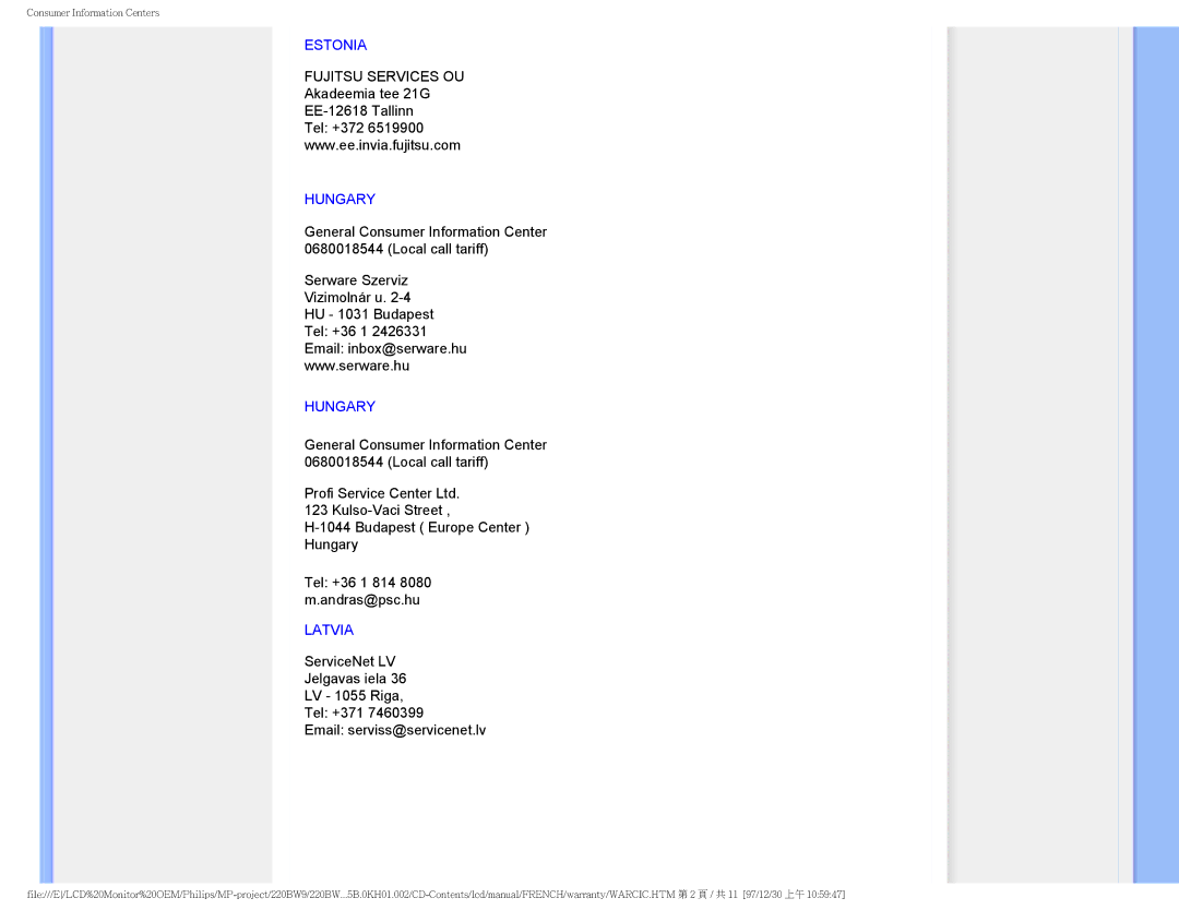 Philips 220BW9 user manual Estonia 