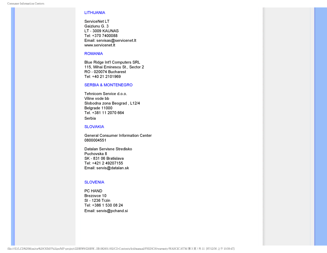 Philips 220BW9 user manual Lithuania 