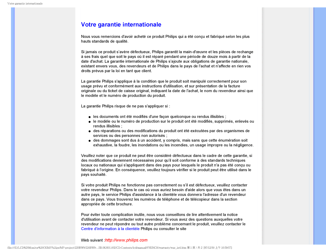 Philips 220BW9 user manual Votre garantie internationale 